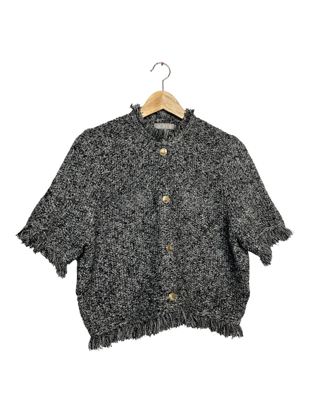 J.Crew Marled Black White Button Front Fringe Trim Lady Jacket Cropped Size L - Picture 2 of 6